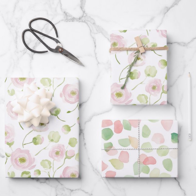 Pretty Blush Pink Mint Flowers Bridal Shower Wrapping Paper Sheets (Front)