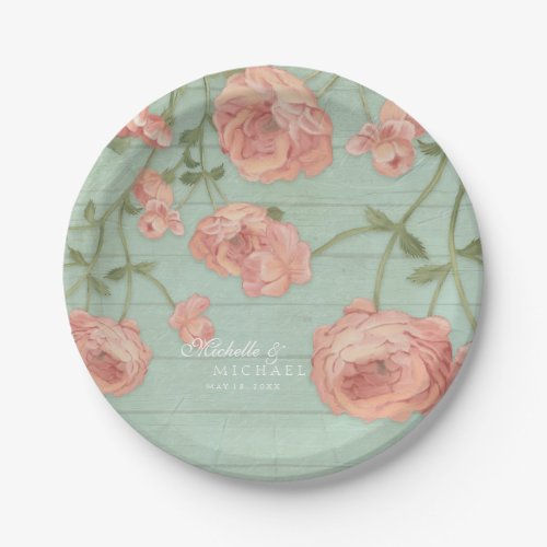 Pretty Blush Pink Peach Roses Wood Fence Vintage Paper Plates
