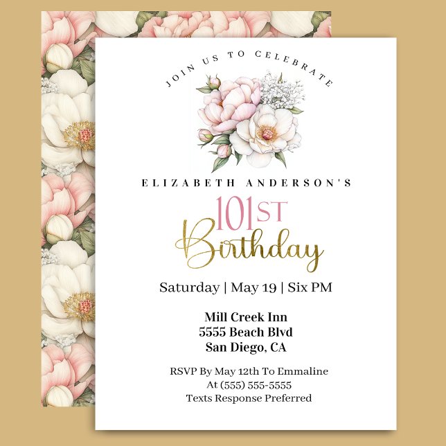 Pretty Blush Pink Peony Floral 101st Birthday Invitation (Creator Uploaded)