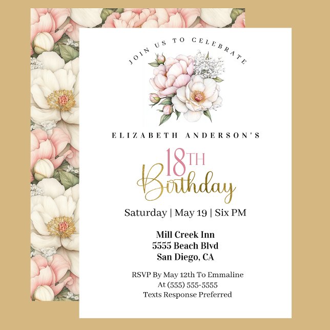 Pretty Blush Pink Peony Floral 18th Birthday Invitation (Creator Uploaded)
