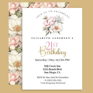 Pretty Blush Pink Peony Floral 21st Birthday Invitation