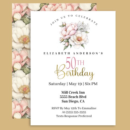 Pretty Blush Pink Peony Floral 50th Birthday