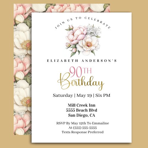 Pretty Blush Pink Peony Floral 90th Birthday