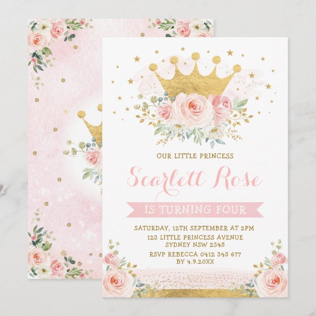 Pretty Blush Pink Princess Gold Crown Birthday Invitation (Front/Back)