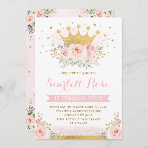 Pretty Blush Pink Princess Gold Crown Birthday Invitation