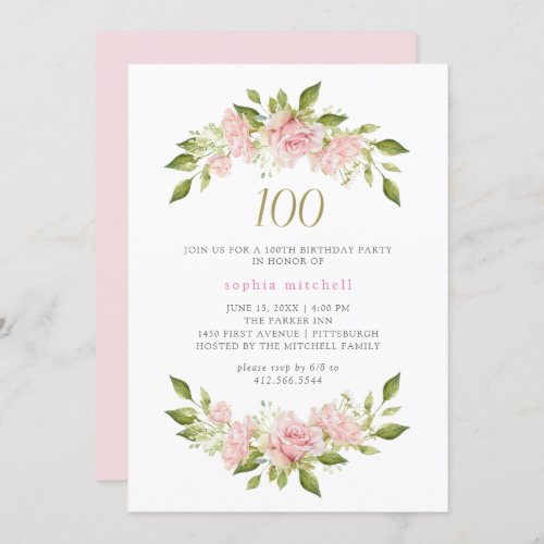Pretty Blush Pink Roses and Gold  100th Birthday Invitation