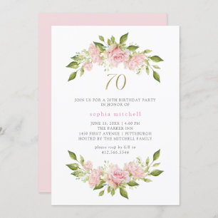 Pretty Blush Pink Roses and Gold   70th Birthday Invitation