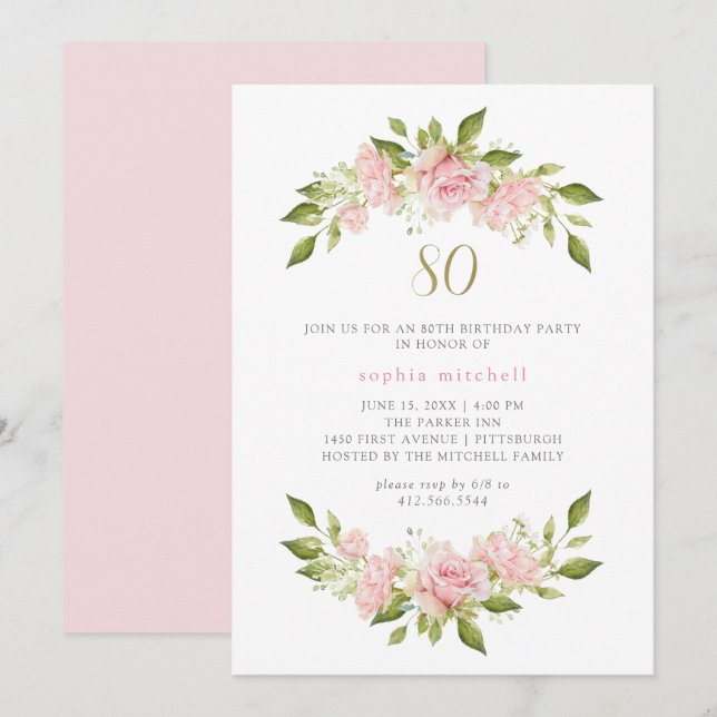 Pretty Blush Pink Roses and Gold | 80th Birthday Invitation (Front/Back)