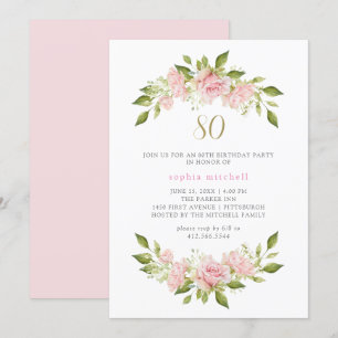 Pretty Blush Pink Roses and Gold   80th Birthday Invitation