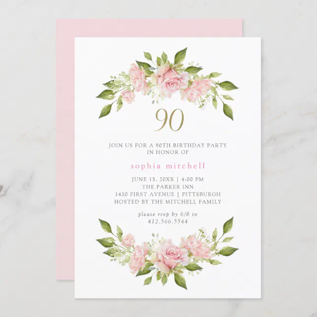 Pretty Blush Pink Roses and Gold | 90th Birthday Invitation | Zazzle