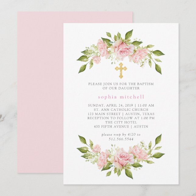 Pretty Blush Pink Roses and Gold Cross | Baptism Invitation (Front/Back)