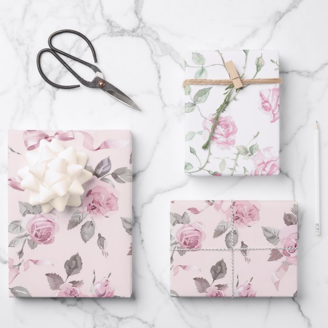 Pretty Blush Pink Roses & Bows Floral Wedding Wrapping Paper Sheets (Front)