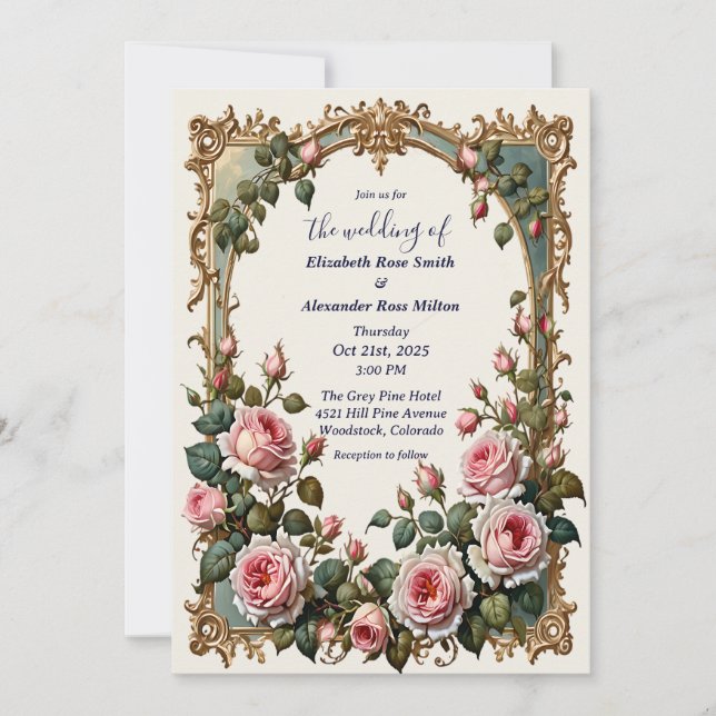 Pretty blush pink roses elegant art frame wedding  invitation (Front)