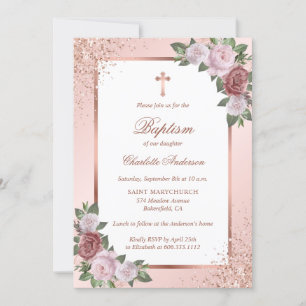 Pretty Blush Pink Roses Rose Gold Cross Baptism Invitation