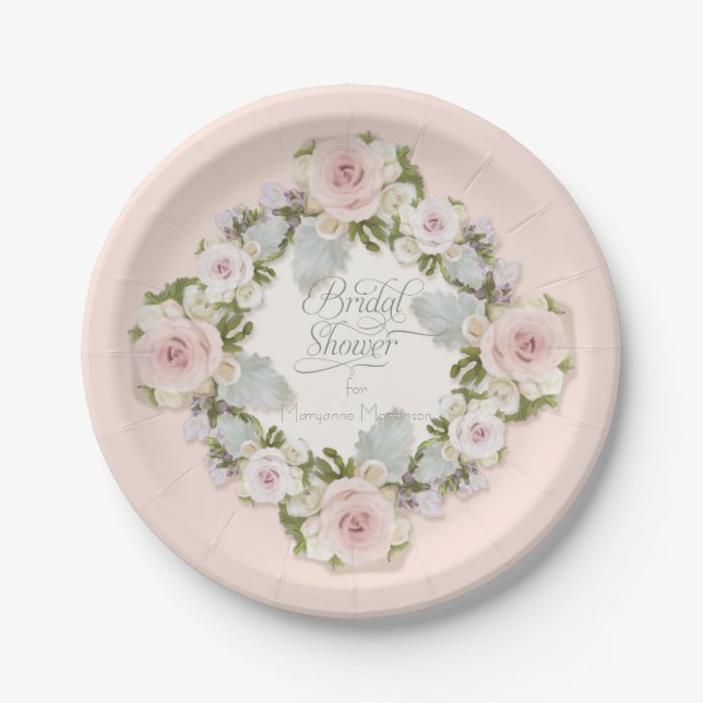Pretty Blush Pink Roses w Succulent Bridal Shower Paper Plates (Front)