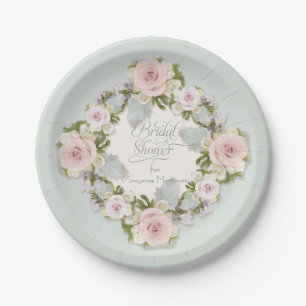 Pretty Blush Pink Roses w Succulent Leaves Bridal Paper Plates