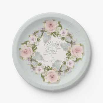Pretty Blush Pink Roses W Succulent Leaves Bridal Paper Plates by VintageWeddings at Zazzle