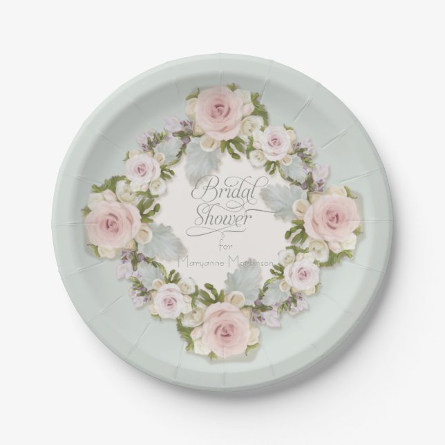 Pretty Blush Pink Roses w Succulent Leaves Bridal Paper Plates (Front)