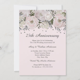 Pretty Blush Pink Silver Floral 25th Anniversary Invitation