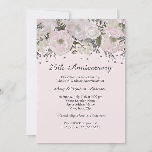 Pretty Blush Pink Silver Floral 25th Anniversary Invitation