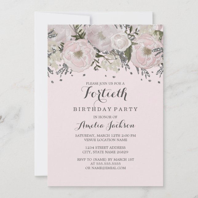 Pretty Blush Pink Silver Floral 40th Birthday Invitation (Front)