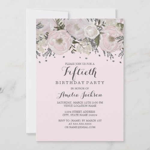 Pretty Blush Pink Silver Floral 50th Birthday Invitation
