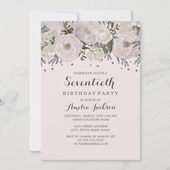 Pretty Blush Pink Silver Floral 70th Birthday Invitation (Front)