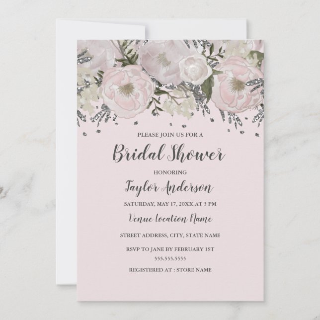 Pretty Blush Pink Silver Floral Birdal Shower Invitation (Front)