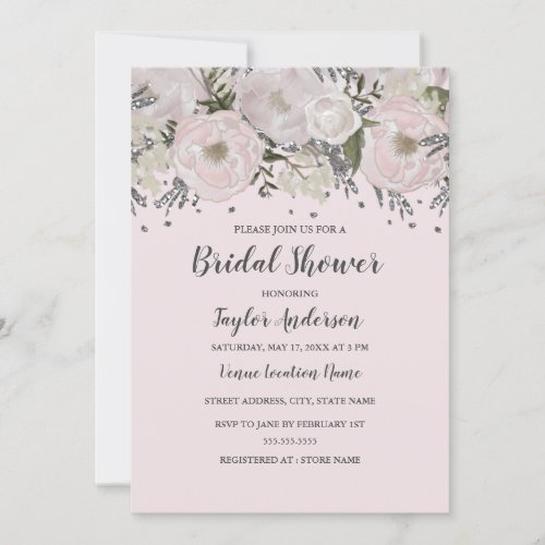 Pretty Blush Pink Silver Floral Birdal Shower Invitation