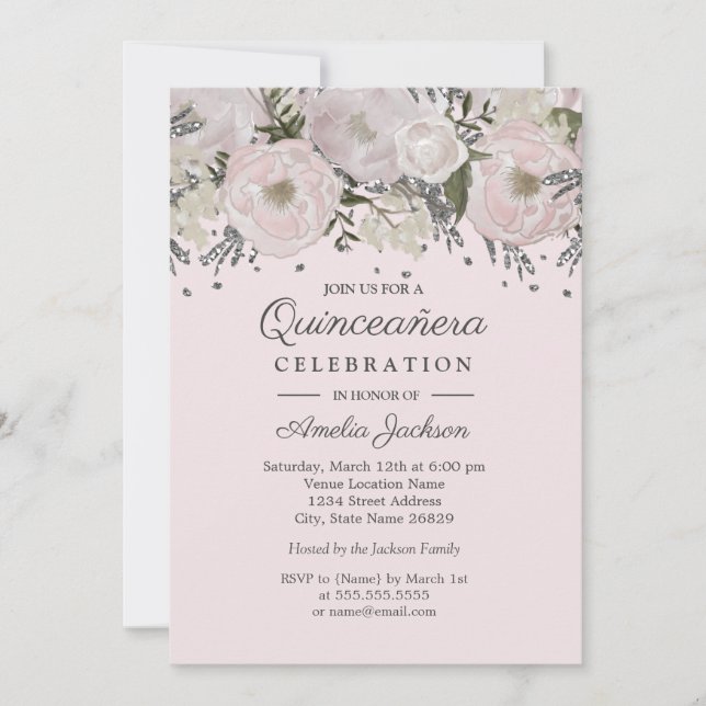 Pretty Blush Pink Silver Floral Quinceanera Invitation (Front)