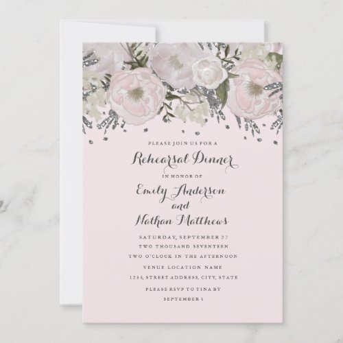 Pretty Blush Pink Silver Floral Rehearsal Dinner Invitation