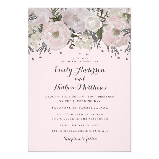 Pretty Blush Pink Silver Floral Wedding Invitation | Zazzle.com