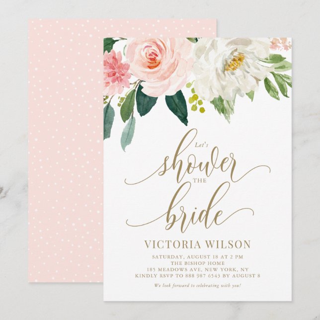Pretty Blush Pink Spring Floral Gold Bridal Shower Invitation (Front/Back)