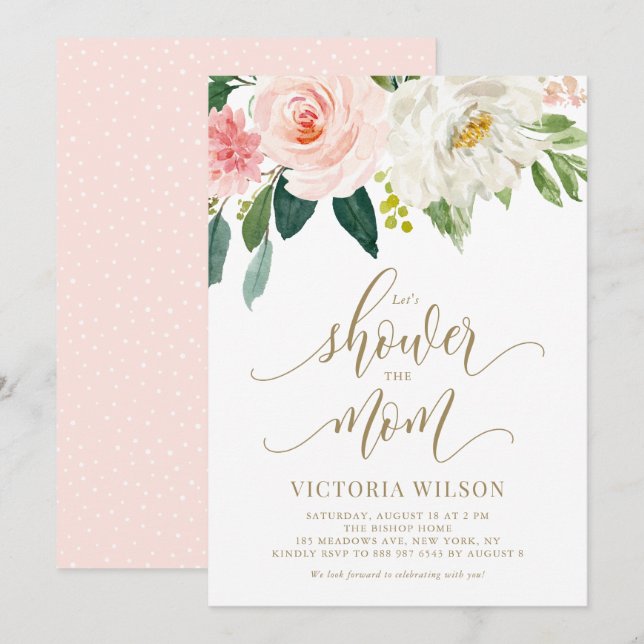 Pretty Blush Pink Spring Florals Gold Baby Shower Invitation (Front/Back)