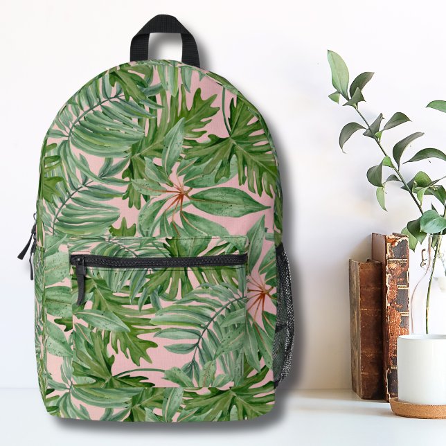 Pretty Blush Pink Tropical Girls Printed Backpack (Simple Modern Pink Palm Leaf Tropical Floral Wall Printed Backpack)