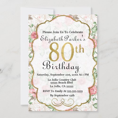 Pretty Blush Pink Watercolor Floral 80th Birthday  Invitation