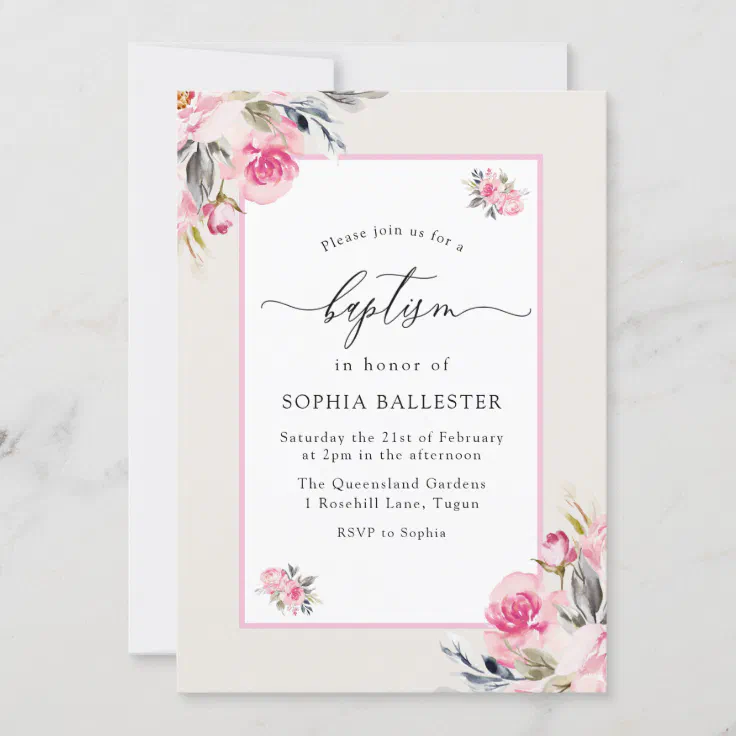 Pretty Blush Pink Watercolor Flowers Baptism Invitation 