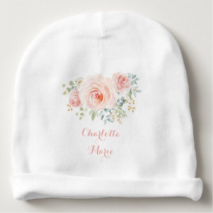 A pretty baby girl's beanie hat with blush pink watercolor roses. Customize your own baby's beanie.