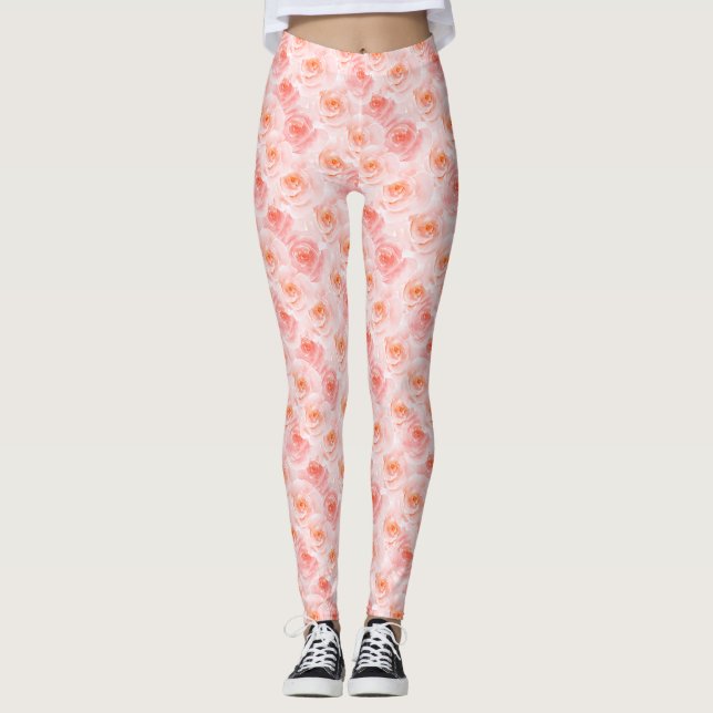 Pretty Blush Pink Watercolor Roses Leggings (Front)