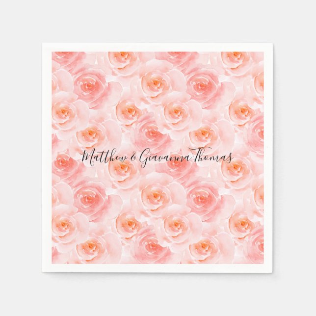 Pretty Blush Pink Watercolor Roses Paper Napkins (Front)