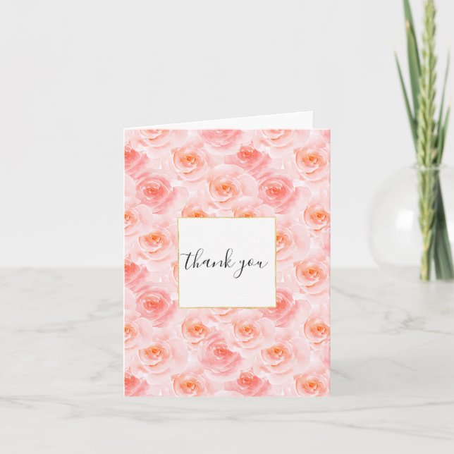 Pretty Blush Pink Watercolor Roses Thank you Card (Front)