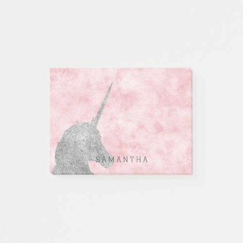 Pretty Blush Pink Watercolor Silver Unicorn Post_it Notes