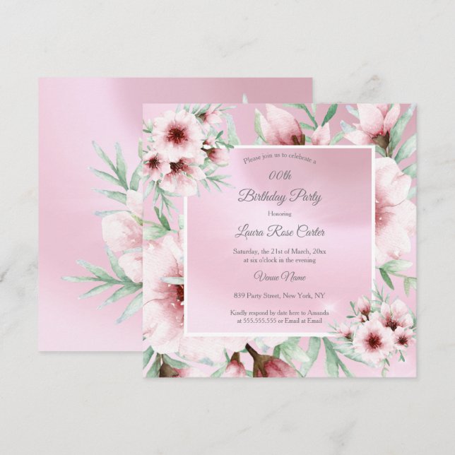 Pretty Blush Pink white floral Birthday Party Invitation (Front/Back)