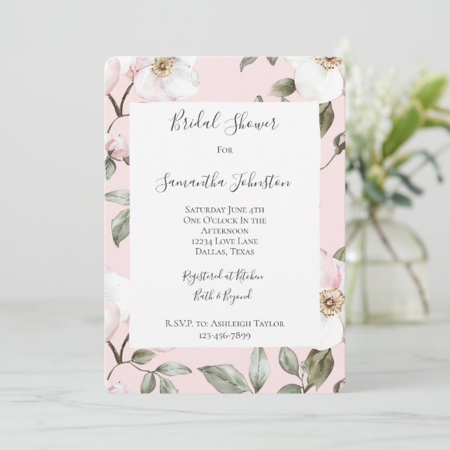 Pretty Blush Pink White Flowers Bridal Shower Invitation (Standing Front)
