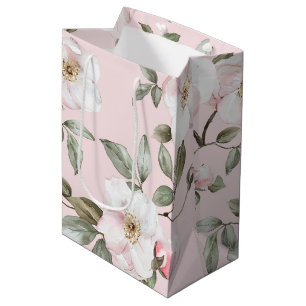 Pretty Blush Pink White Flowers Bridal Shower Medium Gift Bag
