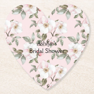 Pretty Blush Pink White Flowers Bridal Shower Paper Coaster