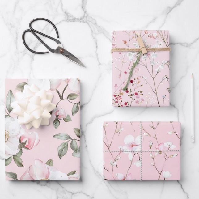 Pretty Blush Pink White Flowers Bridal Shower Wrapping Paper Sheets (Front)