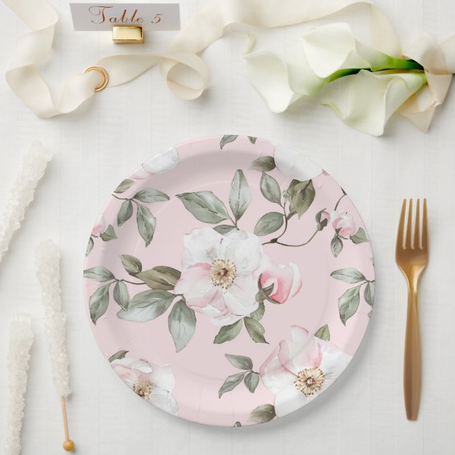 Pretty Blush Pink White Flowers Wedding  Paper Plates (Wedding)