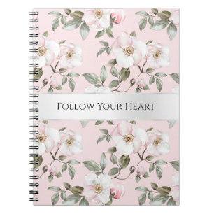 Pretty Blush Pink White Flowers White Silver Notebook
