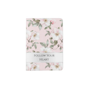 Pretty Blush Pink White Flowers White Silver Passport Holder